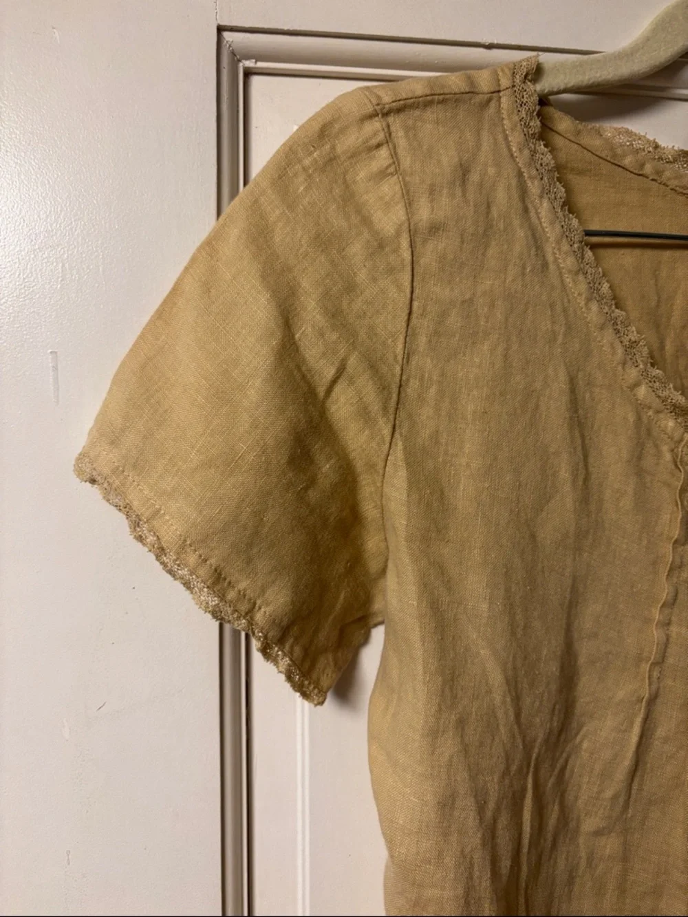 Cut loose line scoop neck button front blouse short sleeve boho yellow beige - Picture 3 of 8